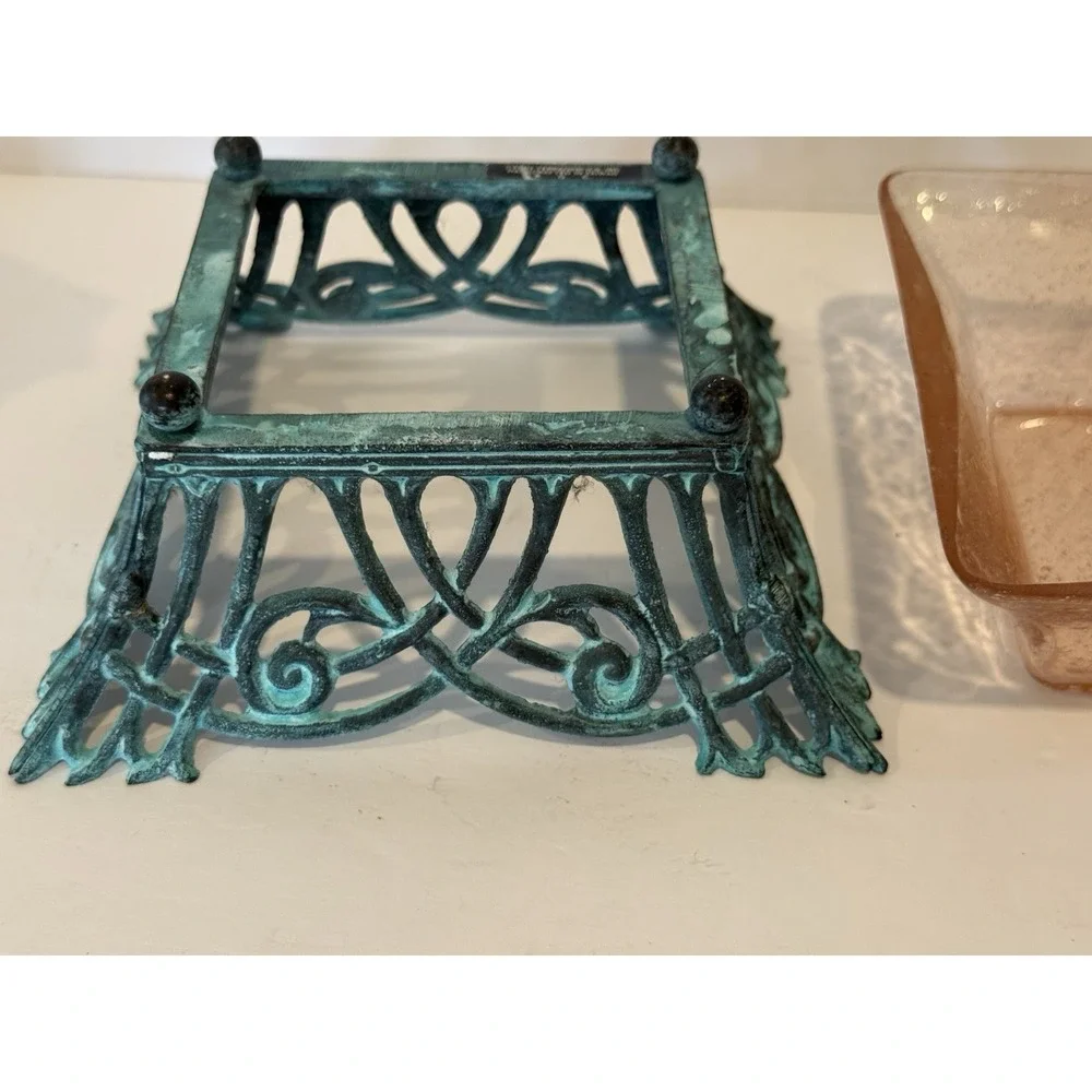 1987 Terragrafics Art Nouveau Verdigris Footed Bowl w Pink Seeded Glass Insert